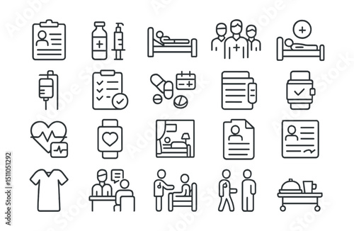Line style icons of patient care and treatment: patient chart, treatment icon, patient bed, care team, IV fluid icon, care plan, medication schedule, recovery bed, pulse monitor, health tracking,