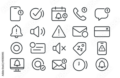 Line style icons of notifications and alerts: app alert, task ping, calendar reminder, call notification, message badge, deadline alert, sound toggle, priority alert, unread icon, popup notification,
