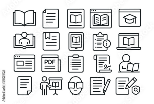 Line style icons of reading, writing and remote learning: open book icon, document icon, reading view, knowledge base, learning course, user manual, article mode, PDF viewer, lesson plan, online book