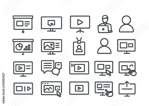 Line style icons of presentations and screen sharing: presentation slide, screen share icon, slideshow mode, remote presenter, pitch deck, visual slide, presenter badge, viewer icon, slide control,