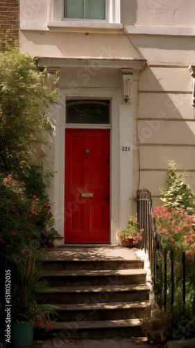 Elegant house facade featuring a vibrant red front door, stone steps, and blooming flowers, with a classic architectural design