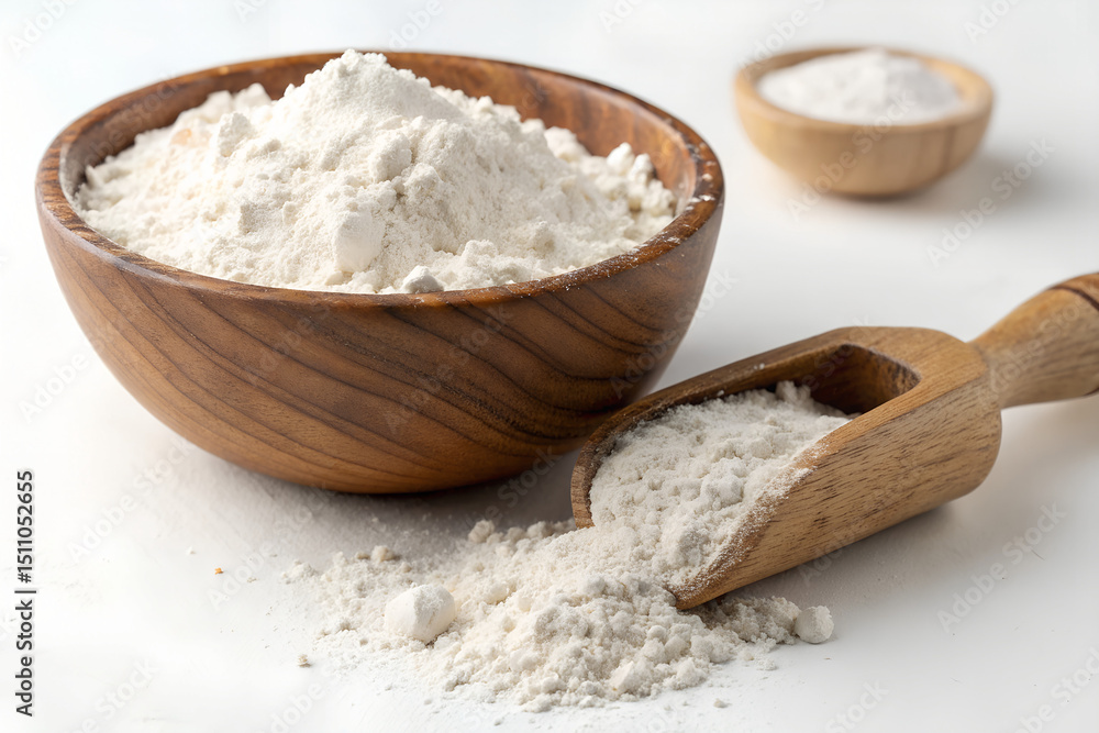 White Wheat Flour in Wooden Bowl and Scoop – Baking Ingredient on White Background White Wheat Flour in Wooden Bowl and Scoop – Baking Ingredient on White Background