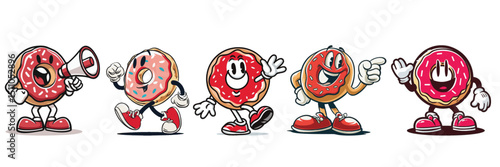 vintage retro style doughnut cartoon mascot character with expressive faces and gestures