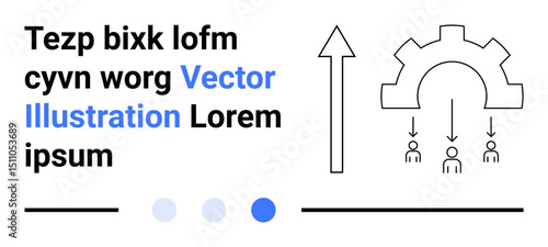 Gear with team members underneath, upward arrow symbolizing growth, text placeholder. Ideal for teamwork, innovation, strategy, growth, collaboration, leadership simple landing page
