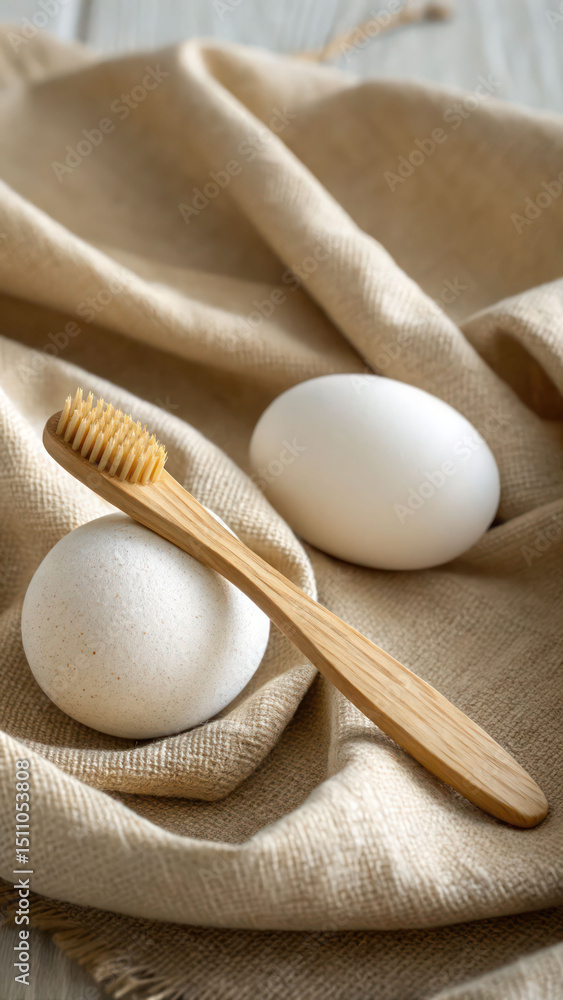 © mudasir_aliii - Bright eco-lifestyle layout with bamboo toothbrush on neutral-toned ball © mudasir_aliii - Bright eco-lifestyle layout with bamboo toothbrush on neutral-toned ball