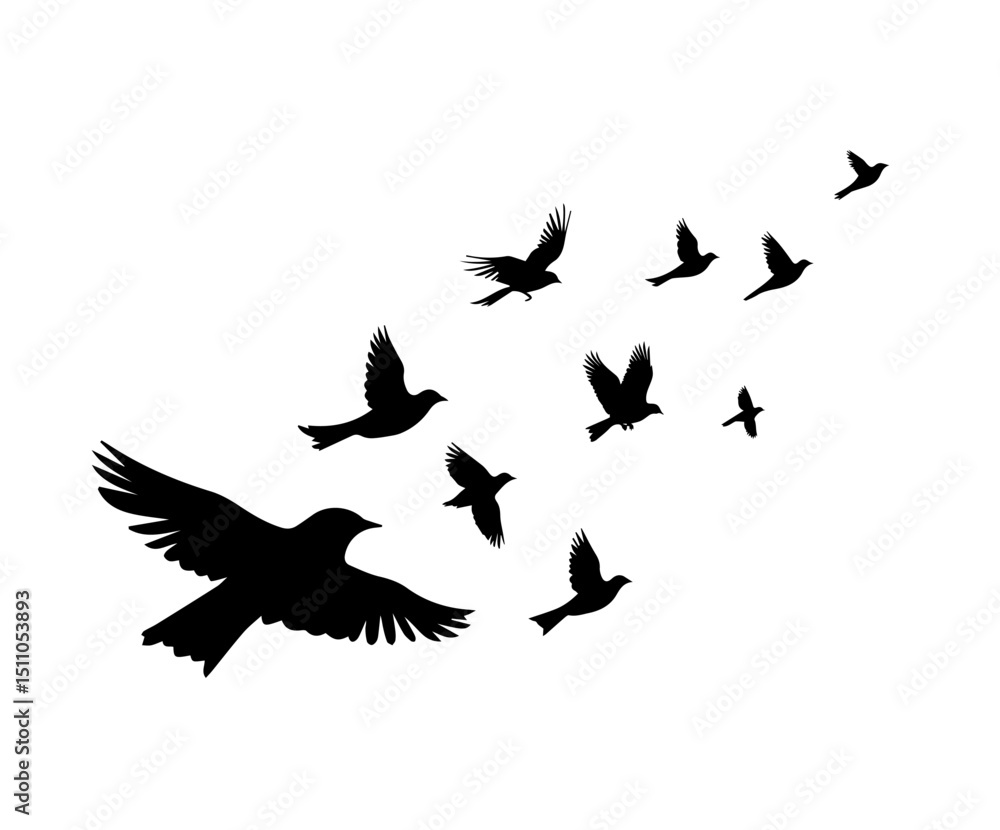 Obraz premium Flying birds silhouette flock. hand drawing. Not AI. Vector illustration.