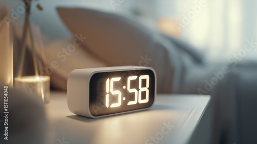 Minimalist digital alarm clock glowing softly on bedside table in low light, modern interior, sleep concept, lifestyle still life with copy space