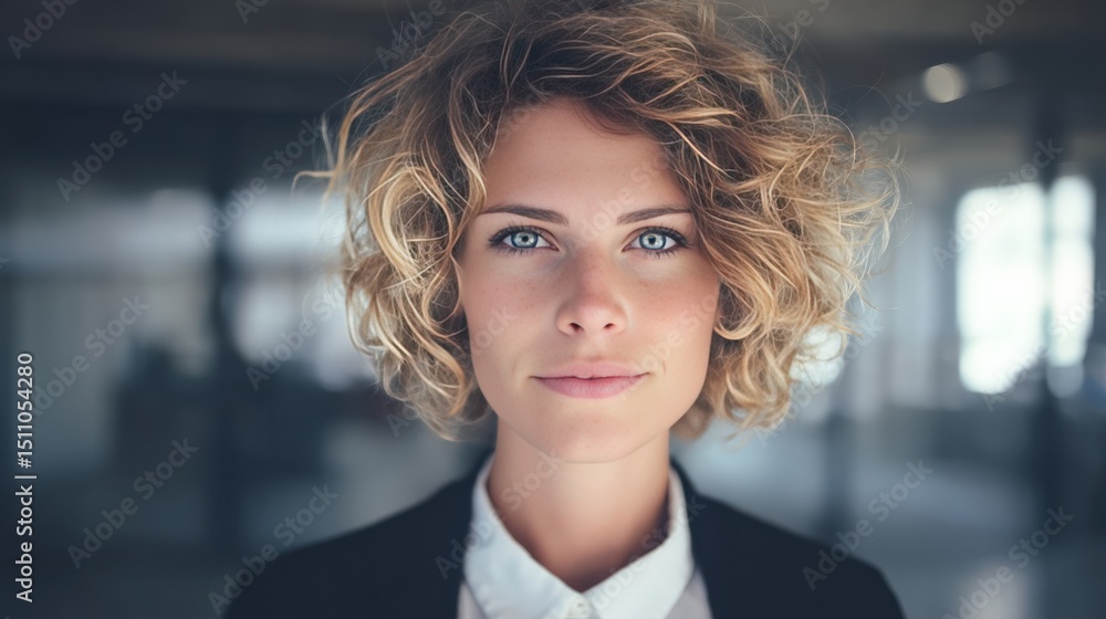 Confident Young Woman with Curly Hair in Modern Office Setting Confident Young Woman with Curly Hair in Modern Office Setting