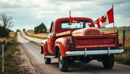Nostalgic red vintage pickup truck adorned with Canadian flags, back view