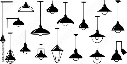 Various hanging ceiling lamps. Lamp, chandelier. Black silhouette. Front side view. Vector simple flat graphic illustration. Isolated object on a white background