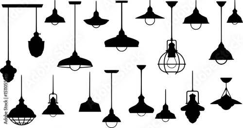Various hanging ceiling lamps. Lamp, chandelier. Black silhouette. Front side view. Vector simple flat graphic illustration. Isolated object on a white background