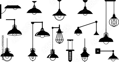 Various hanging ceiling lamps. Lamp, chandelier. Black silhouette. Front side view. Vector simple flat graphic illustration. Isolated object on a white background