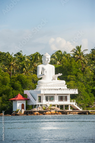 Monumental statue of Buddha at Bentota River mouth, Bentota, Galle District, Southern Province, Sri Lanka, Indian subcontinent, South Asia