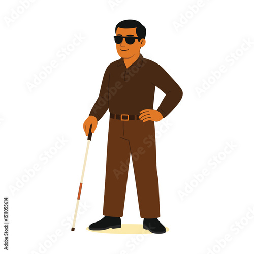 Flat style blind man with white cane and sunglasses – vector illustration for accessibility, disability awareness, and inclusive design