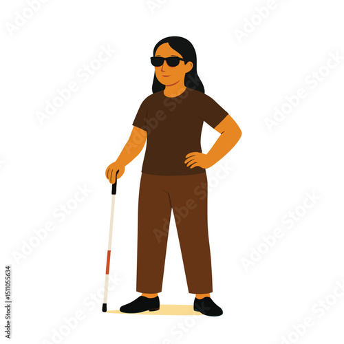 Flat style blind woman with cane and sunglasses – vector illustration for disability inclusion, accessibility, and awareness campaigns