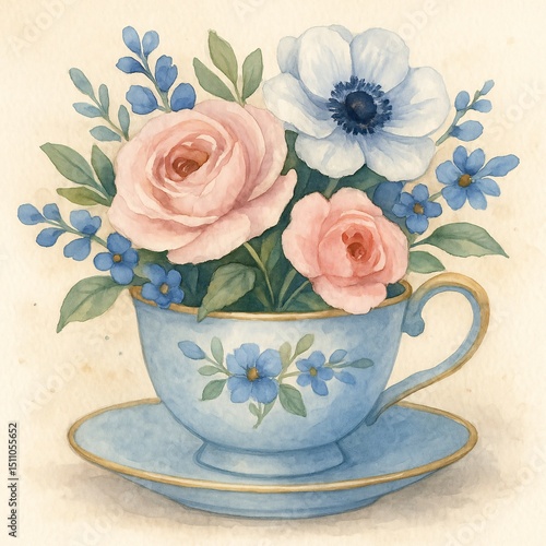Vintage teacup bouquet watercolor painting