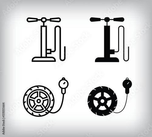 Tire pump and pressure adjustment, car equipment icon design. Linear and flat simple set of car equipment icons.