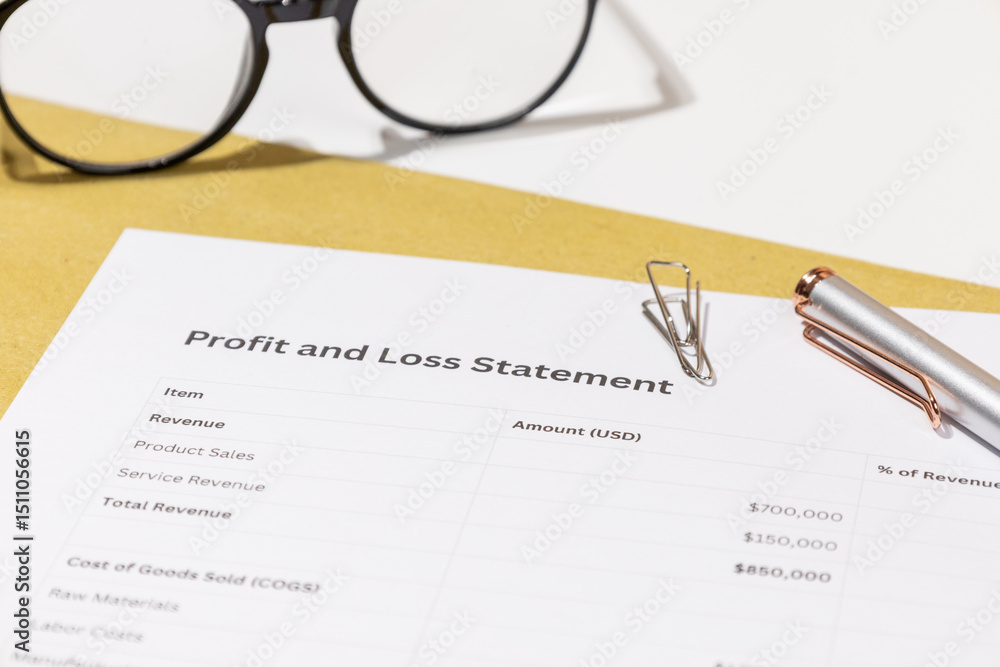 Detailed Profit & Loss Report with Eyeglasses and Pen – Accounting and Budgeting Scene Detailed Profit & Loss Report with Eyeglasses and Pen – Accounting and Budgeting Scene