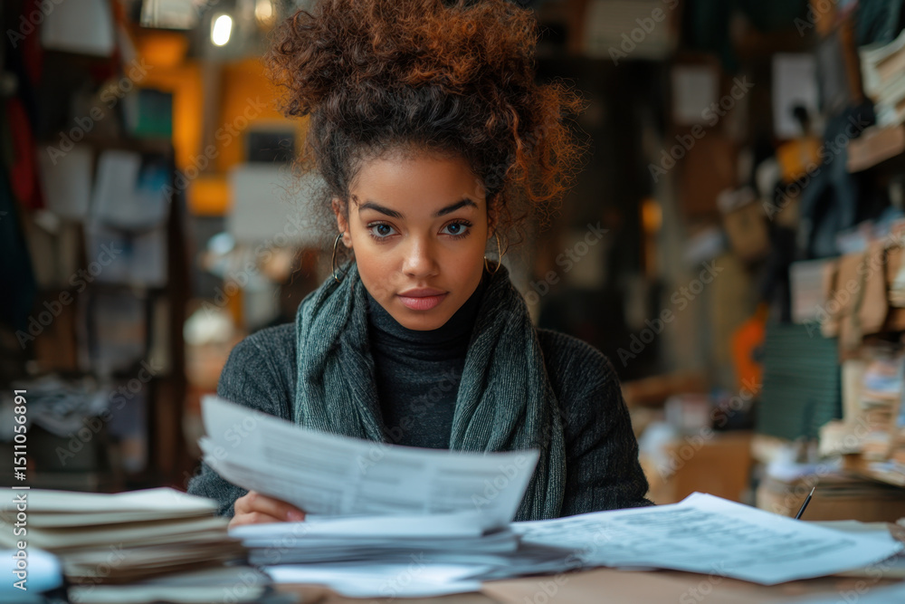 Young woman sitting at desk with papers. Young woman sitting at desk with papers.