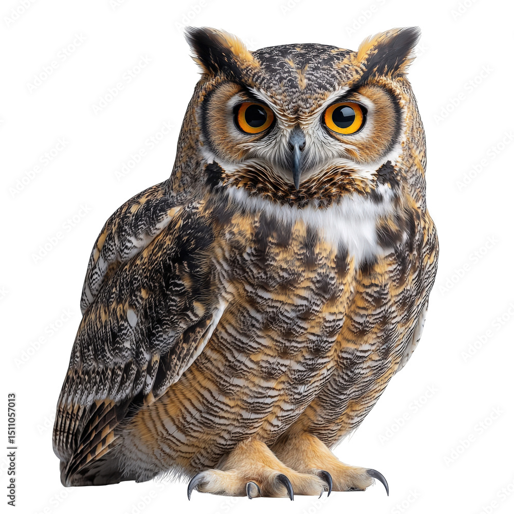 Fototapeta premium Majestic great horned owl portrait showcasing intricate feather details and piercing gaze