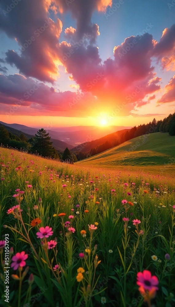 Obraz premium A vibrant sunrise paints the landscape in warm, rosy hues, illuminating a lush meadow bathed in golden light Perfect for nature, travel, and spring themes , light, ecology, bright
