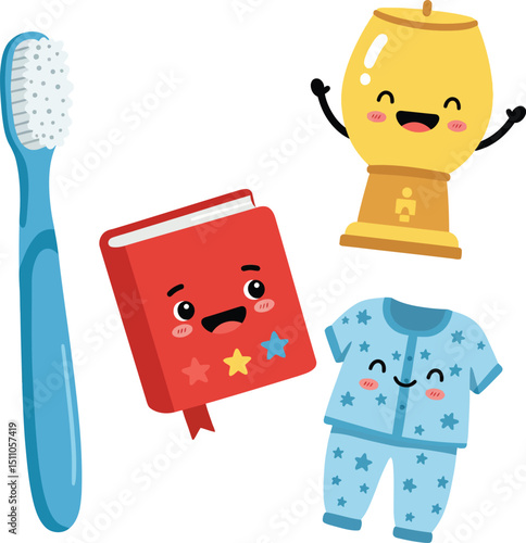 Child hygiene and bedtime routine items with toothbrush book pajamas and lamp vector illustration