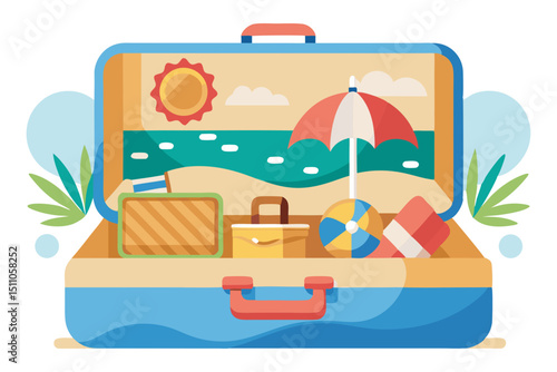 An open suitcase filled with beach and vacation elements like a beach scene, umbrella, and beach ball.