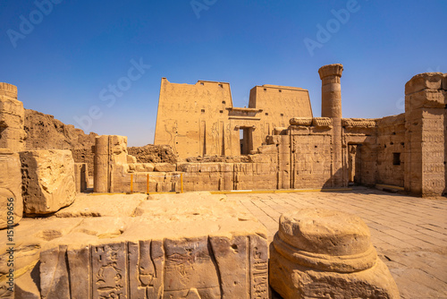 View of the Temple of Horus on a sunny day, Edfu, Egypt, North Africa, Africa