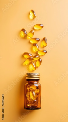 Wallpaper Mural Amber Bottle of Supplement Capsules with Gel Form and Floating Capsules on a Yellow Background Torontodigital.ca