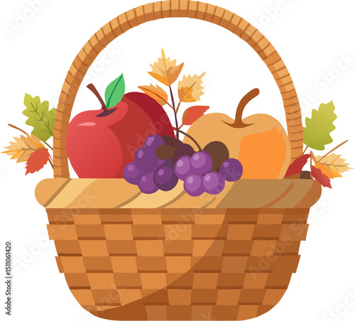 Fresh grapes and assorted fruits overflow from a wicker basket, presenting a healthy, organic, and ripe summer harvest