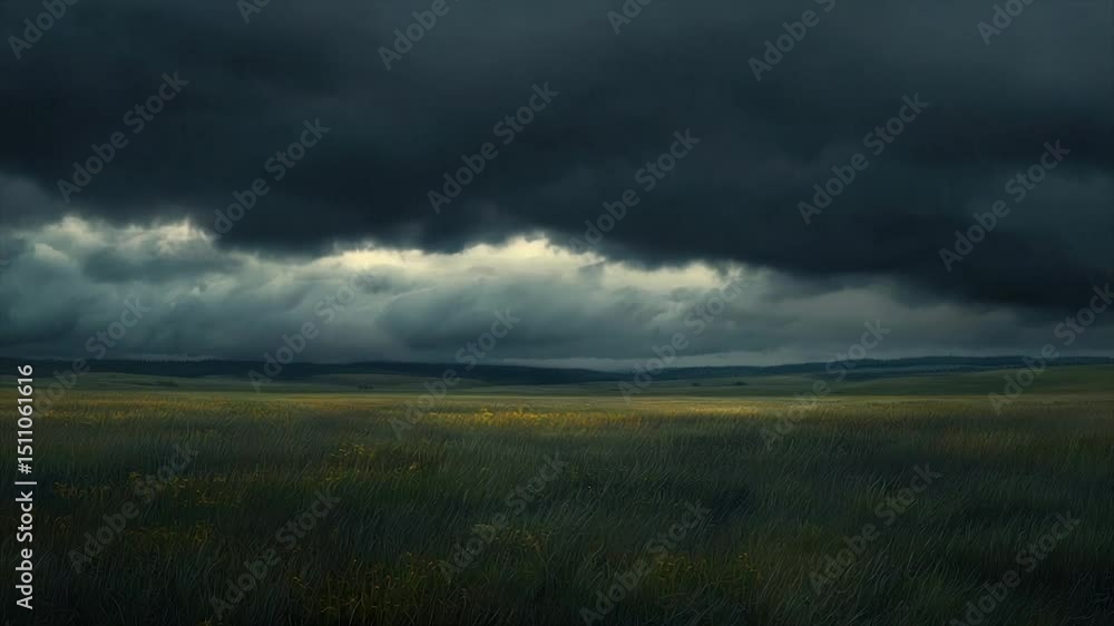 Dramatic landscape of a field under a stormy sky. A ray of light pierces the dark clouds, illuminating the grassy plain Dramatic landscape of a field under a stormy sky. A ray of light pierces the dark clouds, illuminating the grassy plain