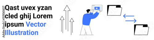 Person interacting with a digital file, arrows showing upward and bidirectional transfers, folders receiving data. Ideal for data sharing, file management, media storage, digital organization