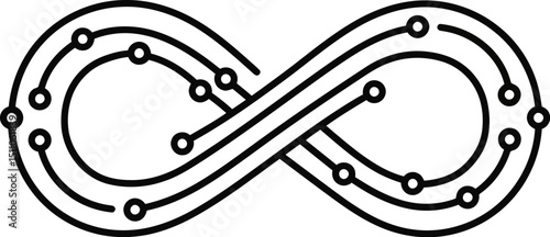 Vector illustration of an infinity symbol with circuit board lines and small circle nodes