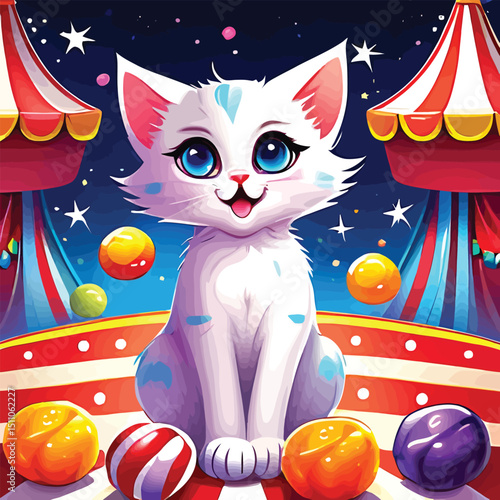 Cartoon Circus Cat Cheerful Illustration Of A White Kitten With Blue Eyes For Childrens Books Animated Movies And Fun Graphic Designs With A Whimsical And Playful Aesthetic