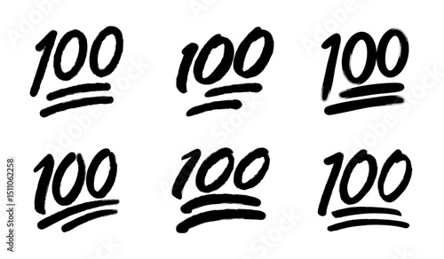 100 percent emoji set in grunge style in black color. 100 points emoticon. Black hundred symbol modern, simple, vector, icon. Vector illustration