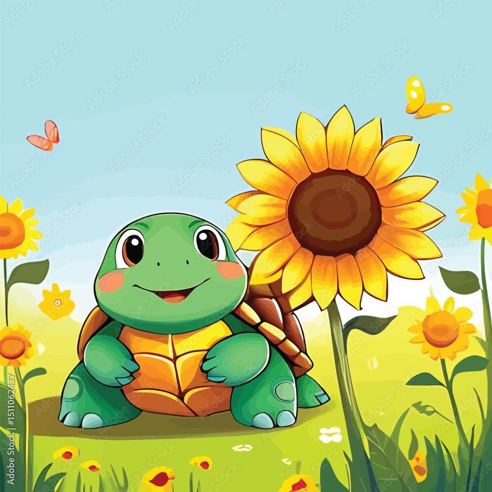 Obraz premium Cartoon Turtle In Sunflower Field Cheerful Animal Illustration For Childrens Books Educational Material Nature Designs And Spring Themes In A Whimsical Vector Art Style