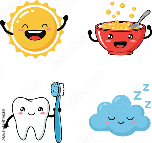 Cheerful sun smiling with happy breakfast bowl tooth holding toothbrush and sleeping cloud vector illustration