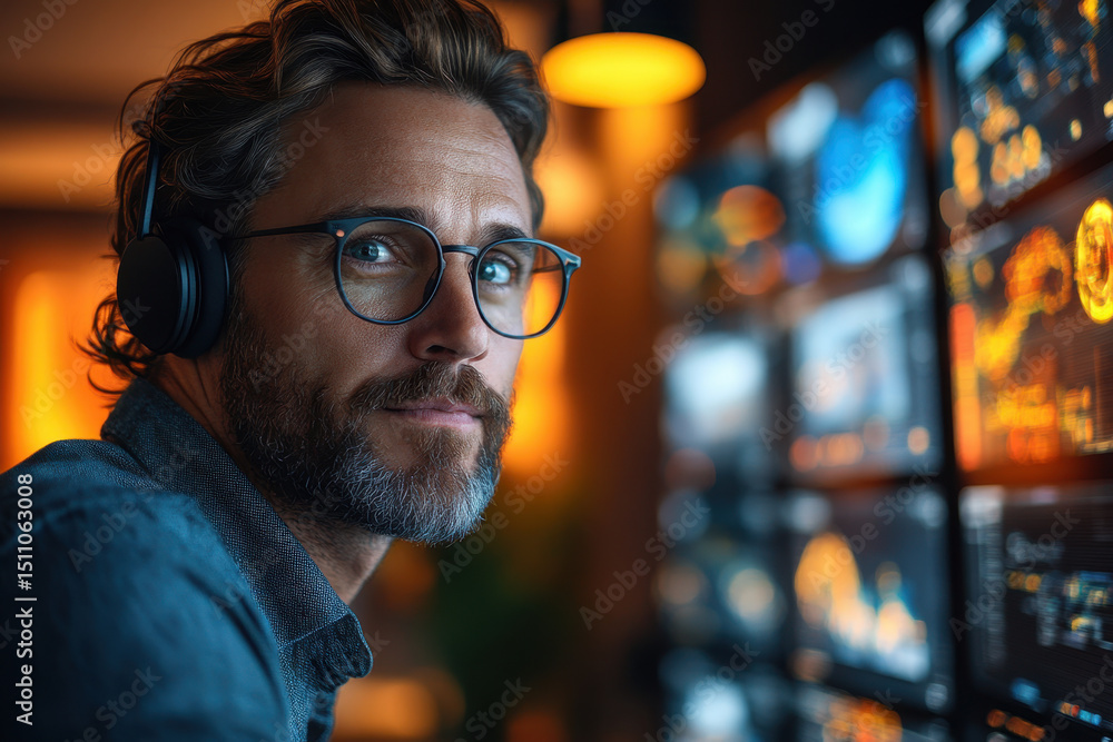 Man wearing headphones looks at computer screen. Man wearing headphones looks at computer screen.