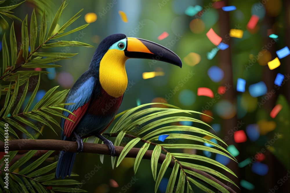 Fototapeta premium Vibrant toucan perched amidst tropical foliage celebrating nature’s beauty with colorful confetti