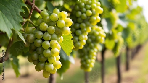 Wallpaper Mural Plump green grapes hanging on the vine in sunlit vineyard. Rows of vines stretch into distance. Concept: Wineries, Vineyard tours, Gourmet food shops. Perfect for wine festivals. Torontodigital.ca