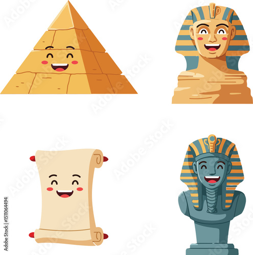 Ancient Egyptian pyramid, pharaoh statues, and papyrus scroll cartoon characters vector illustration with happy faces