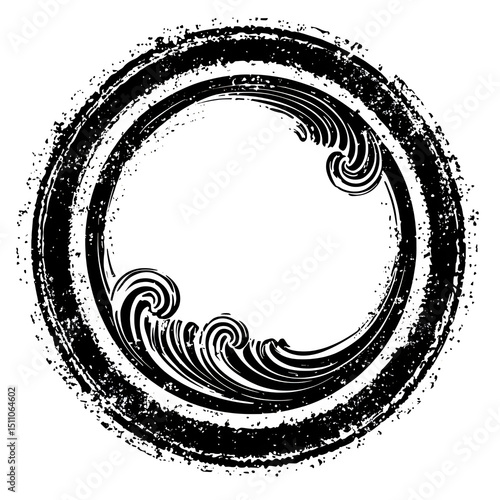 black circular ink stamp with wave border and subtle swirl center, soft faded stamp edges, clean white background, --raw
