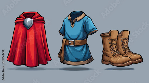 Colorful fantasy clothing, boots, and cape displayed against a neutral background in a creative showcase for storytelling
