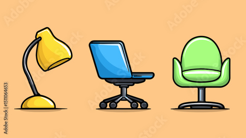 Various types of office chairs and a desk lamp arranged on a pastel background