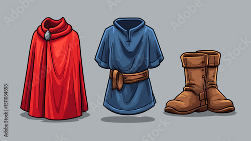 Costume items including a red cloak, blue tunic, and brown boots for a fantasy-themed event in a creative setting