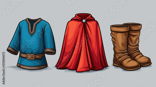 Detailed clothing collection features a blue tunic, red cloak, and brown boots ideal for an adventure-themed setting