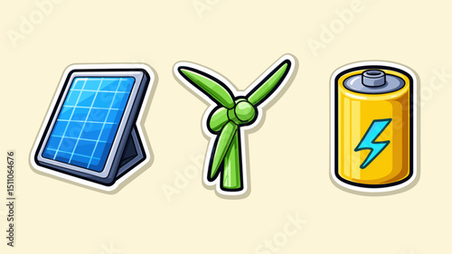 Renewable energy icons including solar panel, wind turbine, and battery showcase sustainable technology solutions for a cleaner future