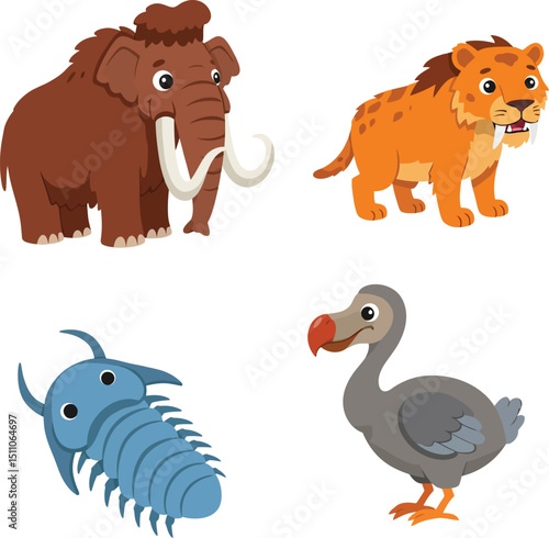 Mammoth tiger trilobite dodo bird prehistoric and extinct animals vector illustration cartoon style