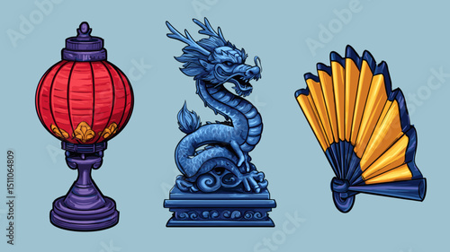 Decorative Chinese lantern, dragon statue, and folding fan displayed on a light blue background