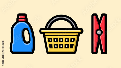 Laundry essentials including detergent, basket, and clothespin displayed against a simple background